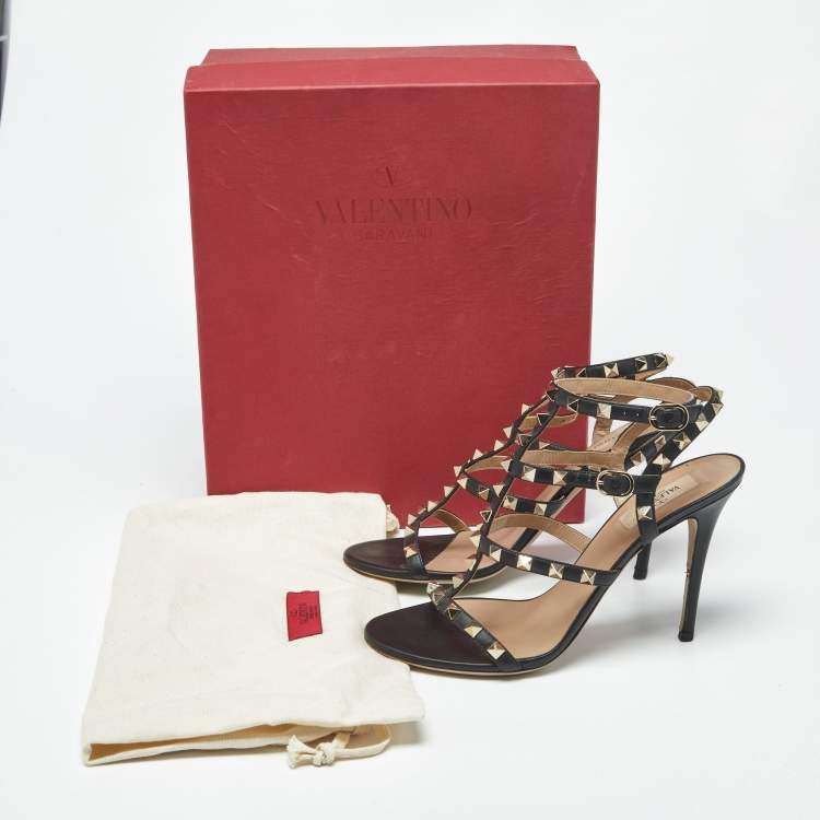 Pre Owned Valentino Rockstud Size 38.5 Black Leather Ankle Strap Sandals