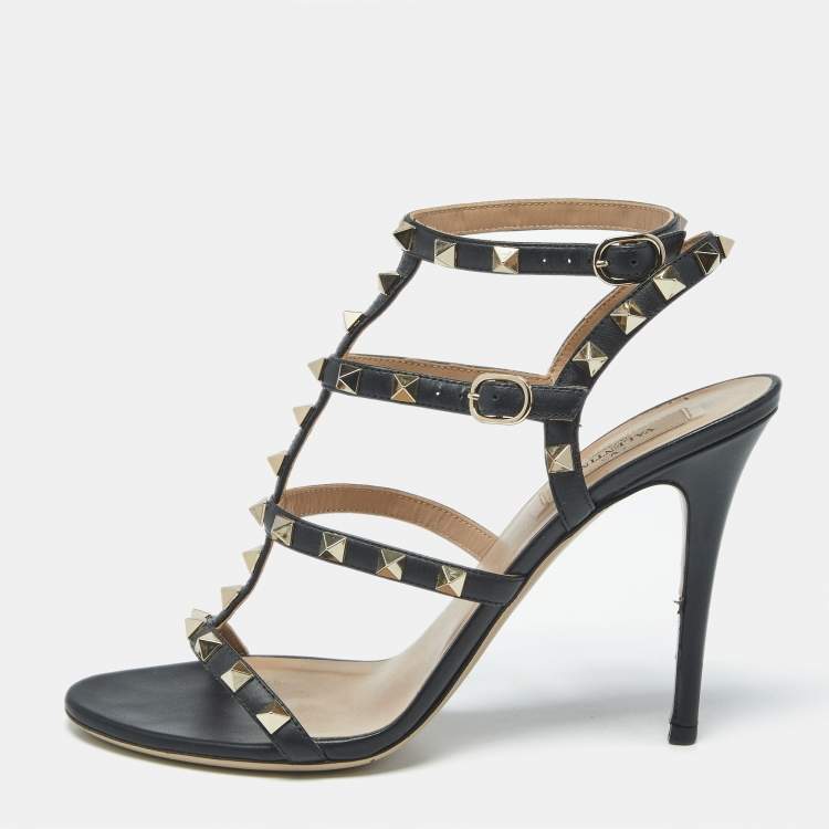 Pre Owned Valentino Rockstud Size 38.5 Black Leather Ankle Strap Sandals