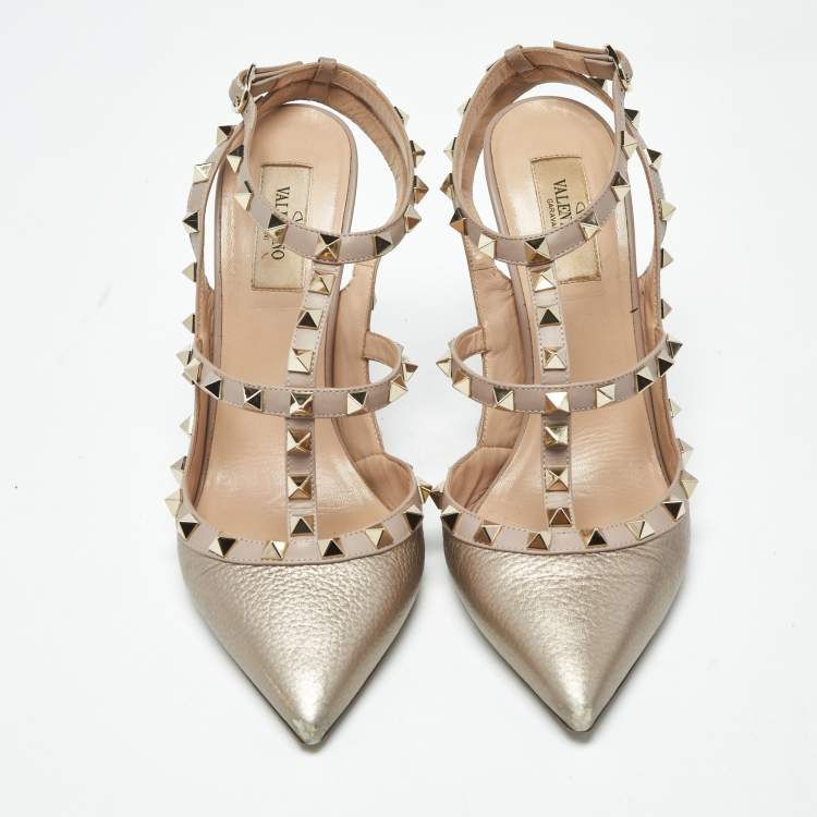 مملوكة مسبقًا Valentino Rockstud Size 40 Metallic/Beige Leather Pumps
