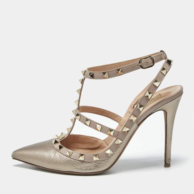 مملوكة مسبقًا Valentino Rockstud Size 40 Metallic/Beige Leather Pumps