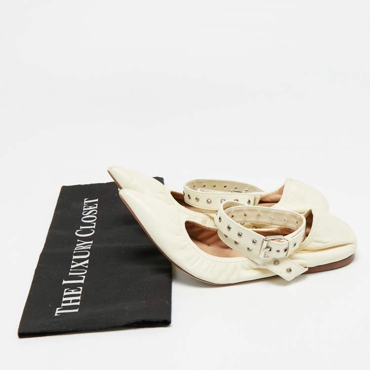 Pre Owned Valentino Love Latch Size 38 White Leather Cross Strap Ballet Flats