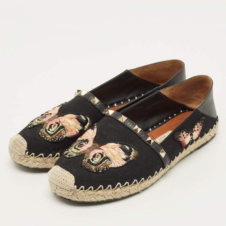 Pre Owned Valentino Rockstud Size 39 Black Canvas Embroidered Butterfly Espadrille Flats