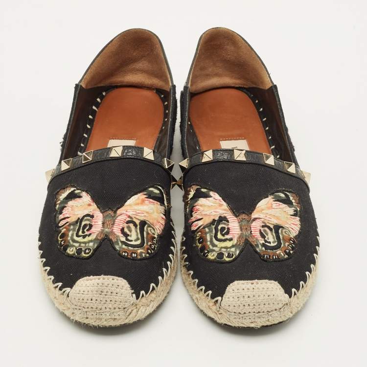 Pre Owned Valentino Rockstud Size 39 Black Canvas Embroidered Butterfly Espadrille Flats
