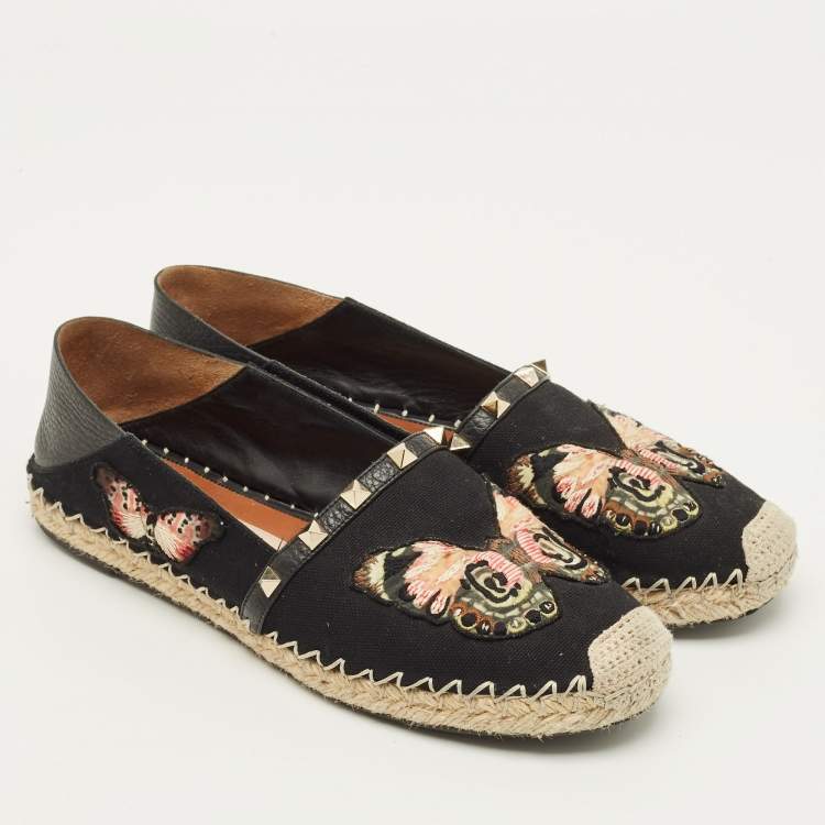Pre Owned Valentino Rockstud Size 39 Black Canvas Embroidered Butterfly Espadrille Flats