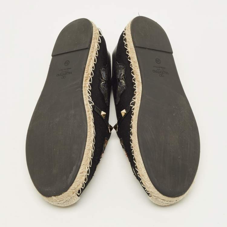 Pre Owned Valentino Rockstud Size 39 Black Canvas Embroidered Butterfly Espadrille Flats