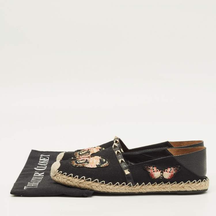 Pre Owned Valentino Rockstud Size 39 Black Canvas Embroidered Butterfly Espadrille Flats