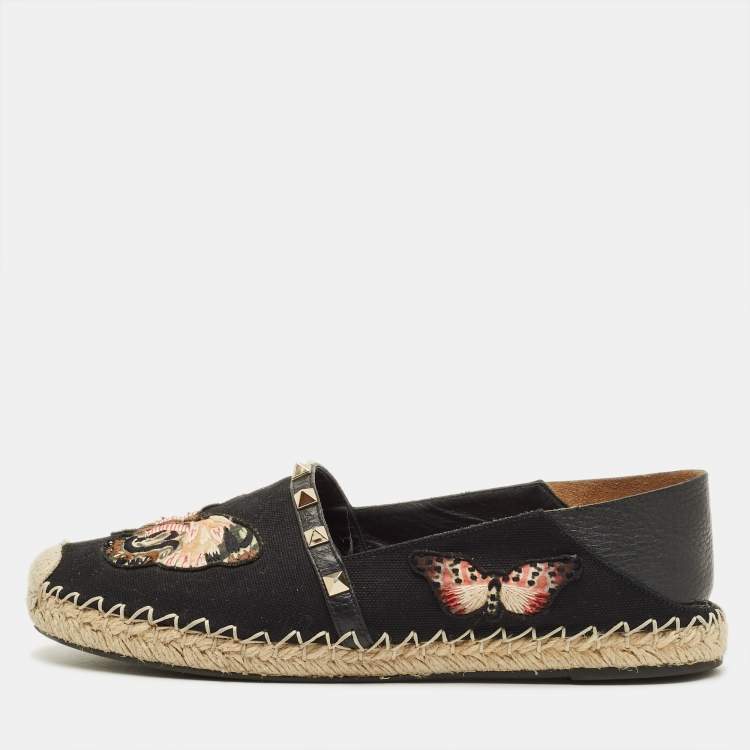 Pre Owned Valentino Rockstud Size 39 Black Canvas Embroidered Butterfly Espadrille Flats