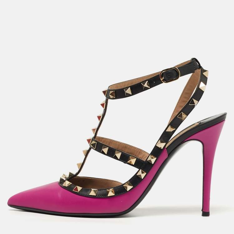 Pre Owned Valentino Rockstud Size 40.5 Purple/Black Leather Ankle Pumps