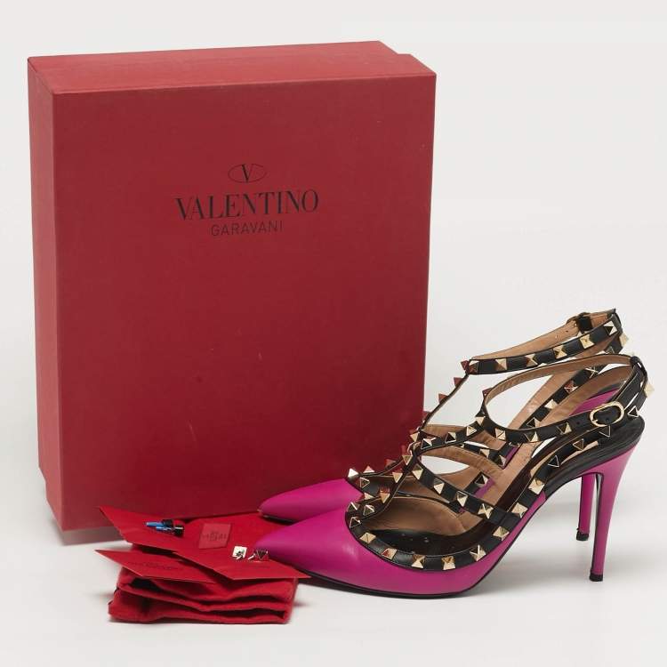 Pre Owned Valentino Rockstud Size 40.5 Purple/Black Leather Ankle Pumps