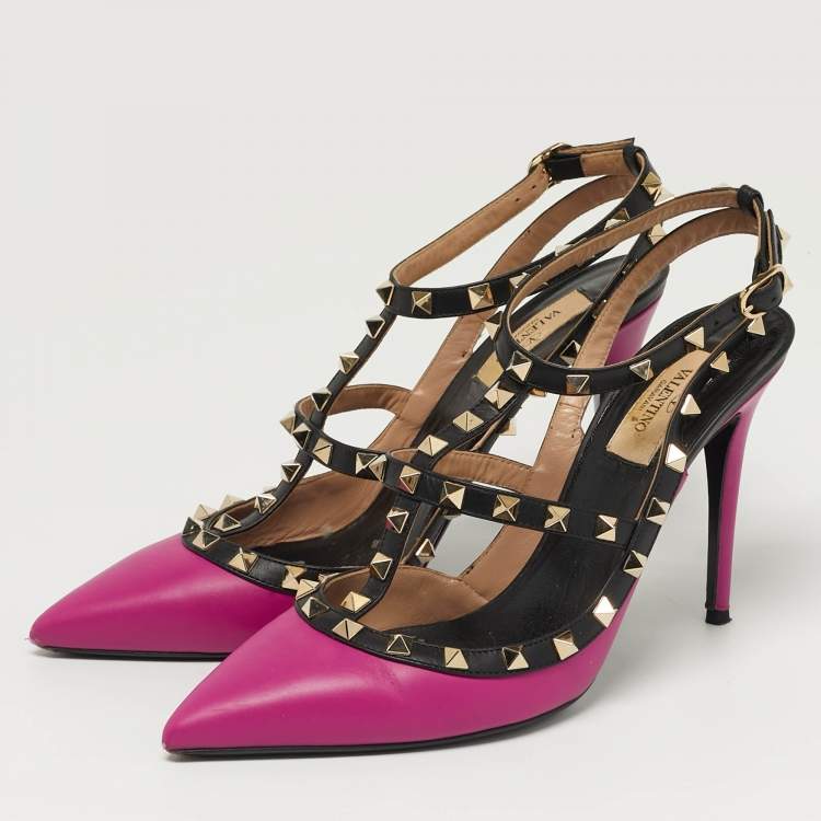 Pre Owned Valentino Rockstud Size 40.5 Purple/Black Leather Ankle Pumps