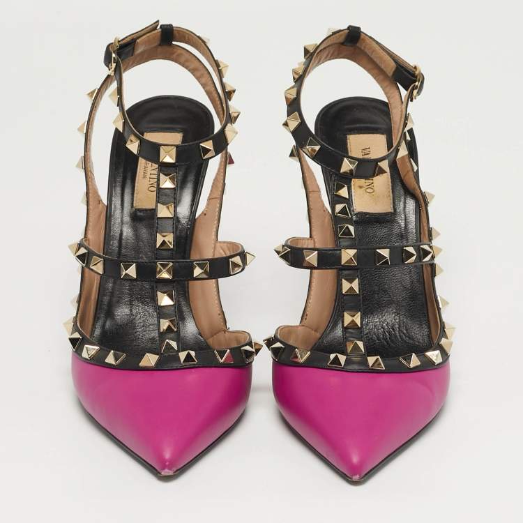 Pre Owned Valentino Rockstud Size 40.5 Purple/Black Leather Ankle Pumps