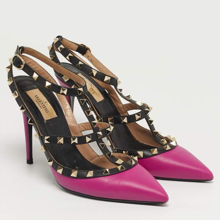 Pre Owned Valentino Rockstud Size 40.5 Purple/Black Leather Ankle Pumps