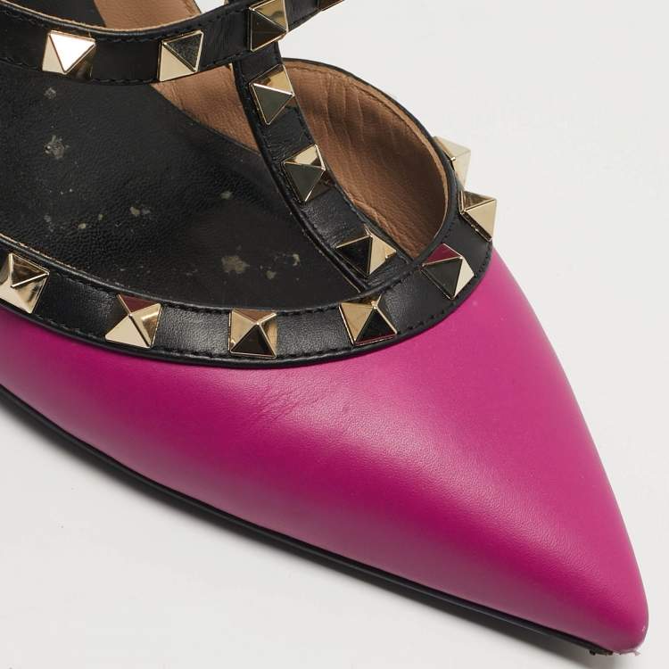 Pre Owned Valentino Rockstud Size 40.5 Purple/Black Leather Ankle Pumps