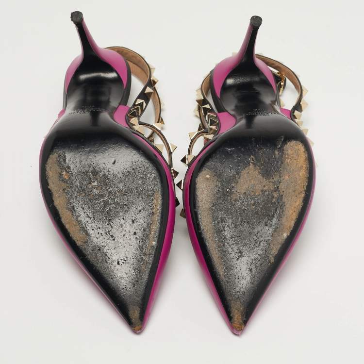 Pre Owned Valentino Rockstud Size 40.5 Purple/Black Leather Ankle Pumps