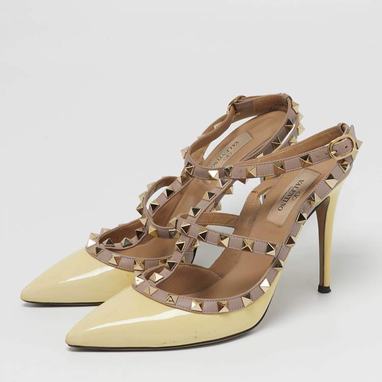 Pre Owned Valentino Rockstud Size 38 Yellow Leather and Patent Leather Ankle Strap Pumps