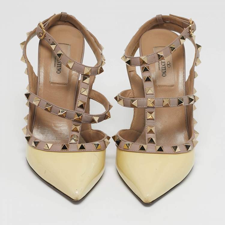 Pre Owned Valentino Rockstud Size 38 Yellow Leather and Patent Leather Ankle Strap Pumps