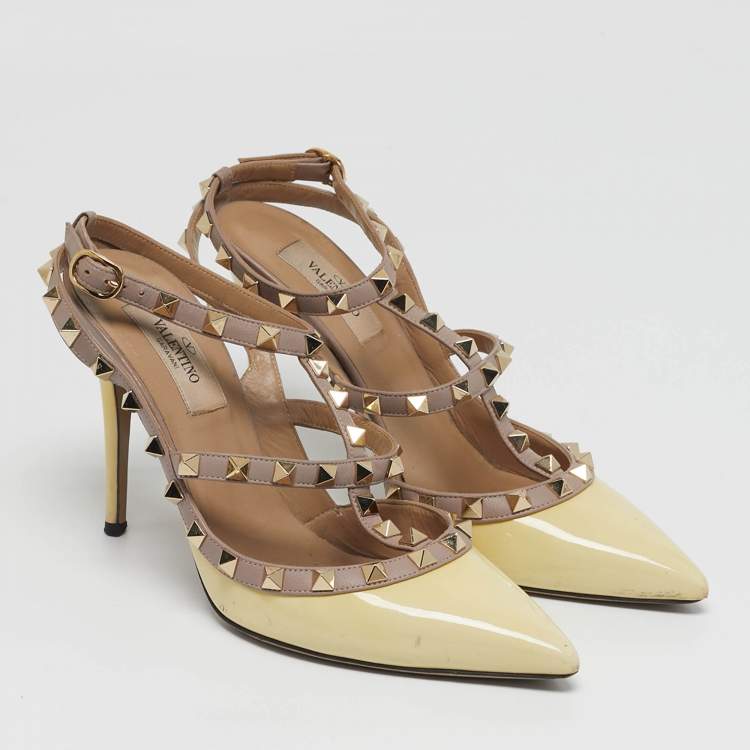 Pre Owned Valentino Rockstud Size 38 Yellow Leather and Patent Leather Ankle Strap Pumps