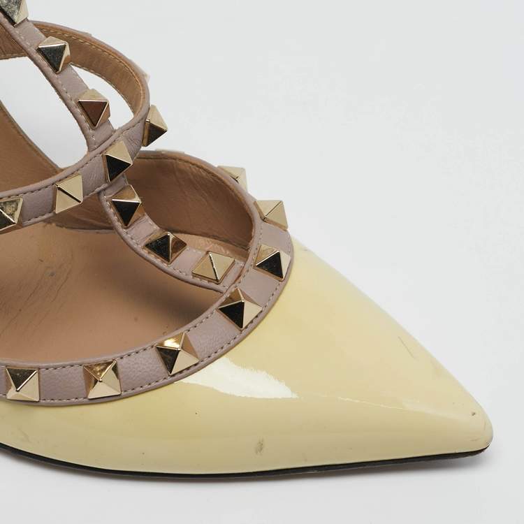 Pre Owned Valentino Rockstud Size 38 Yellow Leather and Patent Leather Ankle Strap Pumps