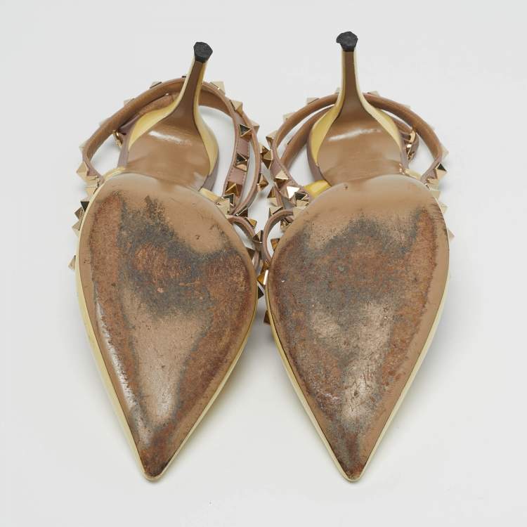 Pre Owned Valentino Rockstud Size 38 Yellow Leather and Patent Leather Ankle Strap Pumps