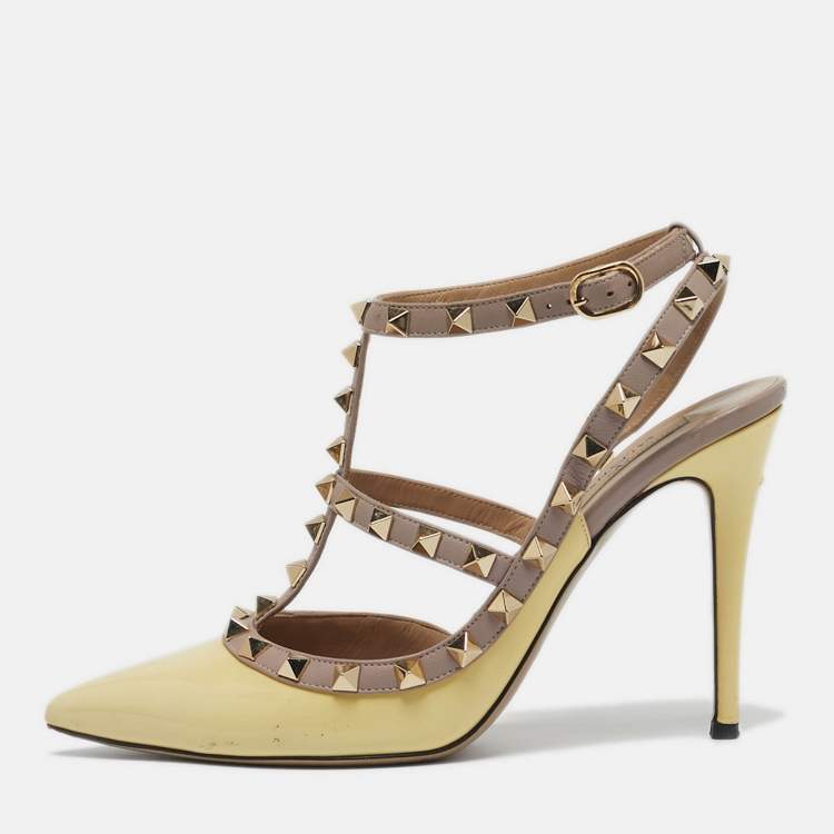 Pre Owned Valentino Rockstud Size 38 Yellow Leather and Patent Leather Ankle Strap Pumps