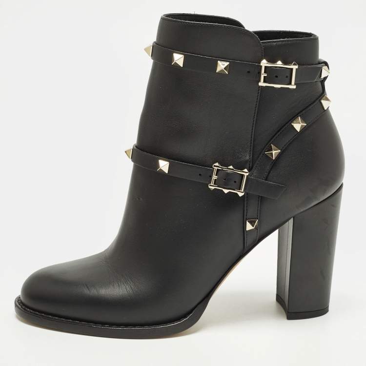 Pre Owned Valentino Rockstud Size 39 Black Leather Ankle Length Boots