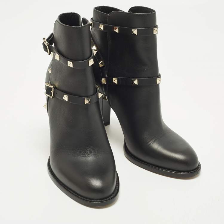 Pre Owned Valentino Rockstud Size 39 Black Leather Ankle Length Boots