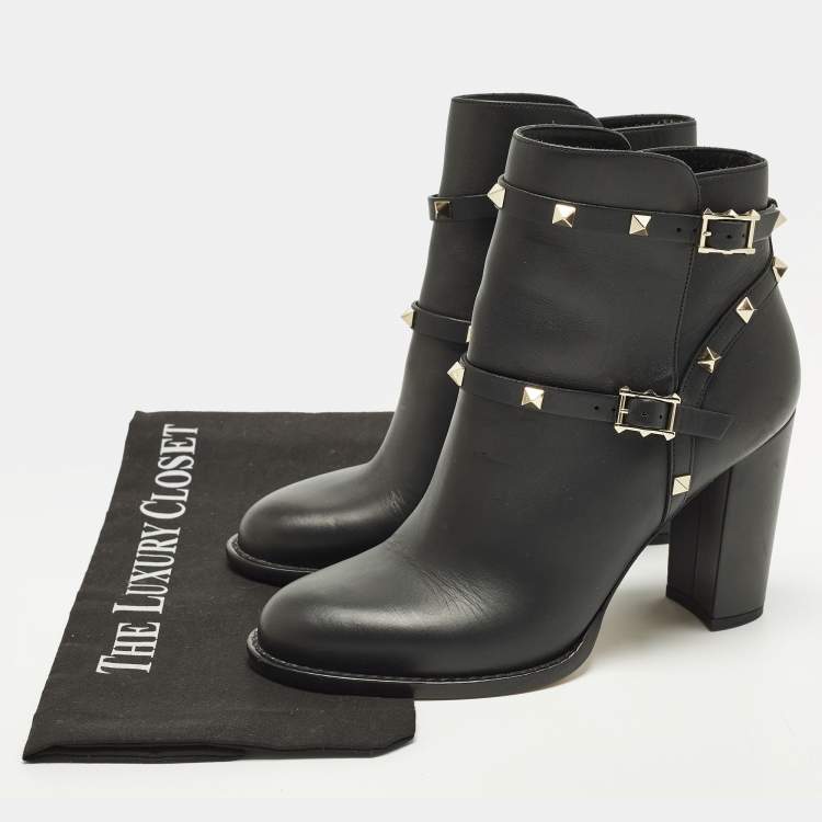 Pre Owned Valentino Rockstud Size 39 Black Leather Ankle Length Boots