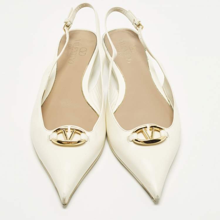 Pre Owned Valentino  Size 39 Off White Leather VLogo Slingback Flats