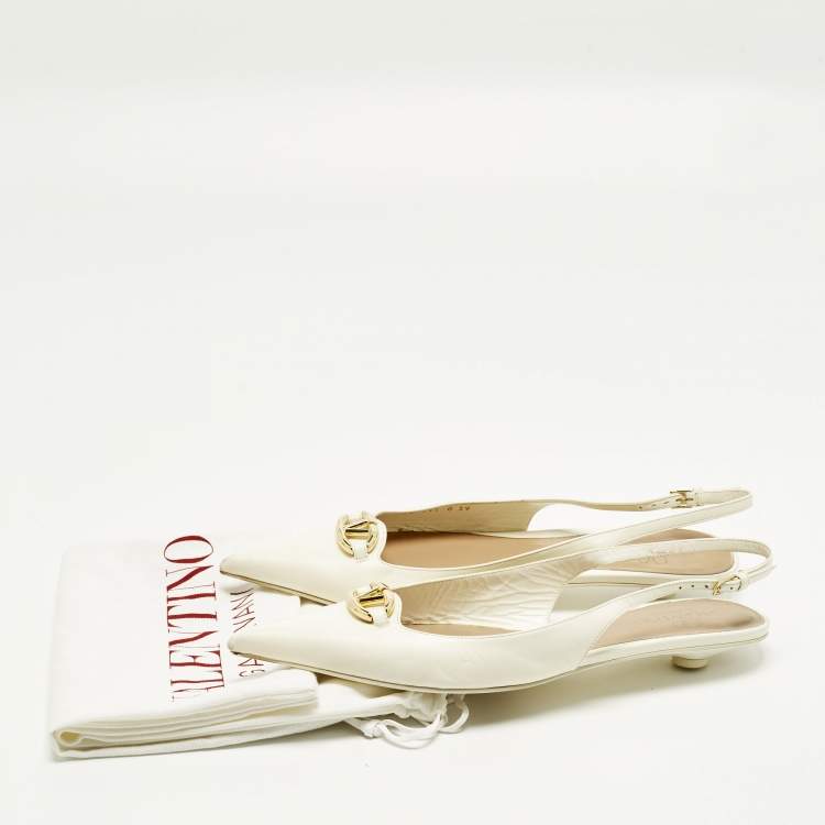 Pre Owned Valentino  Size 39 Off White Leather VLogo Slingback Flats