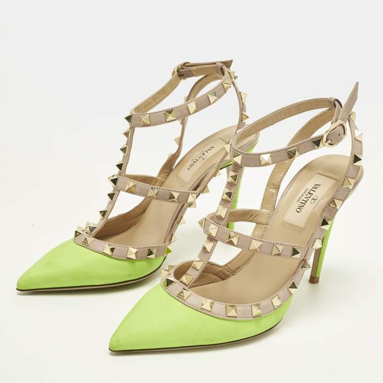 Pre Owned Valentino Rockstud Size 36.5 Green/Dusty Pink  Leather Pumps