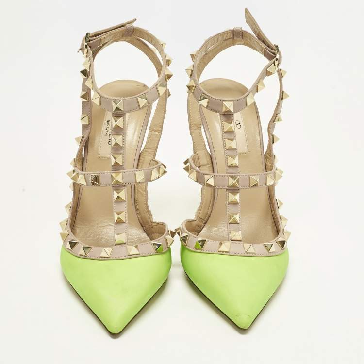 Pre Owned Valentino Rockstud Size 36.5 Green/Dusty Pink  Leather Pumps