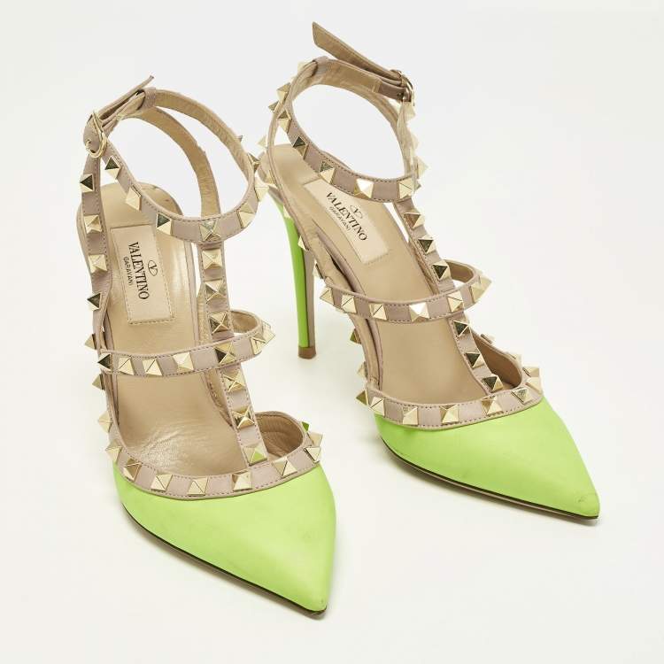 Pre Owned Valentino Rockstud Size 36.5 Green/Dusty Pink  Leather Pumps