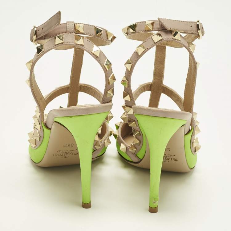 Pre Owned Valentino Rockstud Size 36.5 Green/Dusty Pink  Leather Pumps