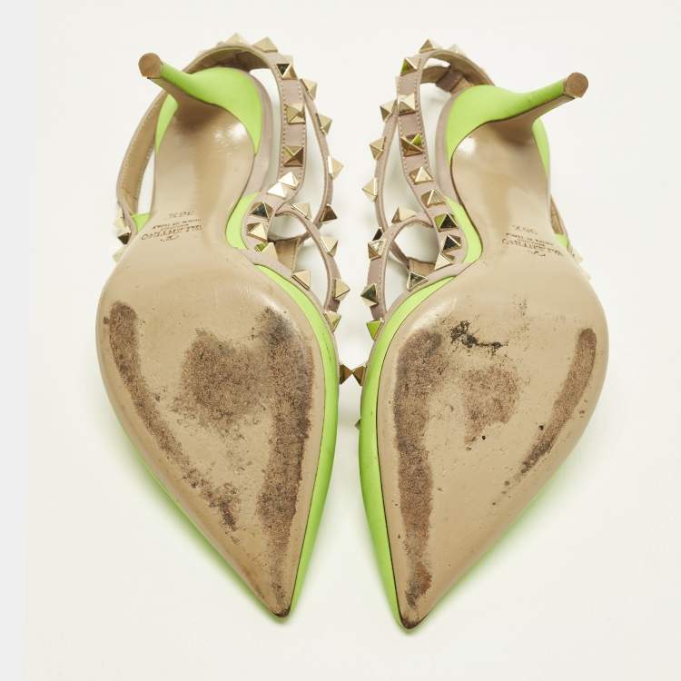 Pre Owned Valentino Rockstud Size 36.5 Green/Dusty Pink  Leather Pumps