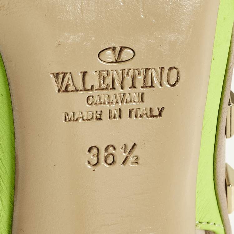 Pre Owned Valentino Rockstud Size 36.5 Green/Dusty Pink  Leather Pumps