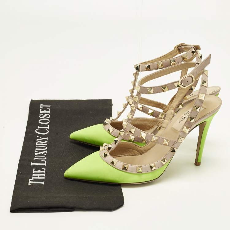 Pre Owned Valentino Rockstud Size 36.5 Green/Dusty Pink  Leather Pumps