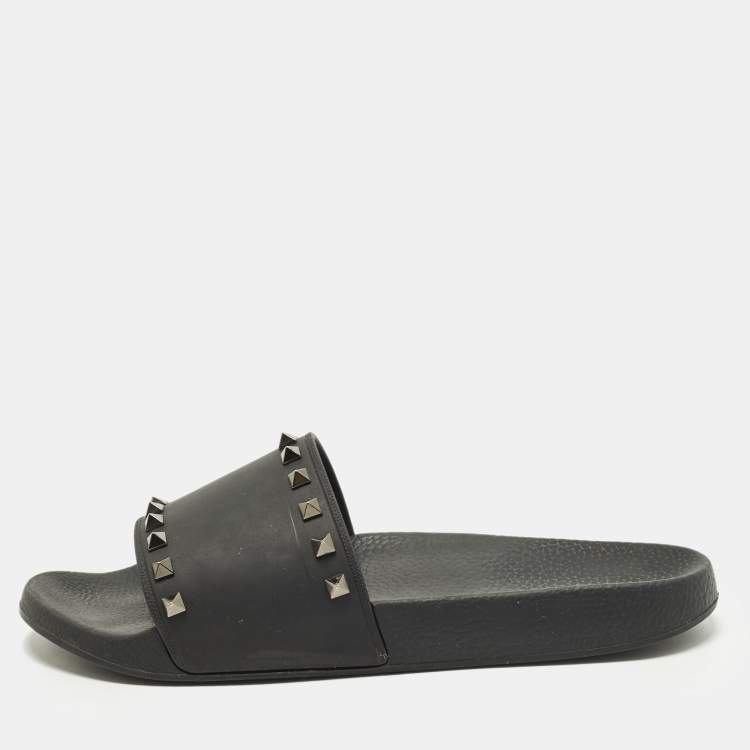 Pre Owned Valentino Rockstud Size 44 Black Rubber Pool Flat Slides 