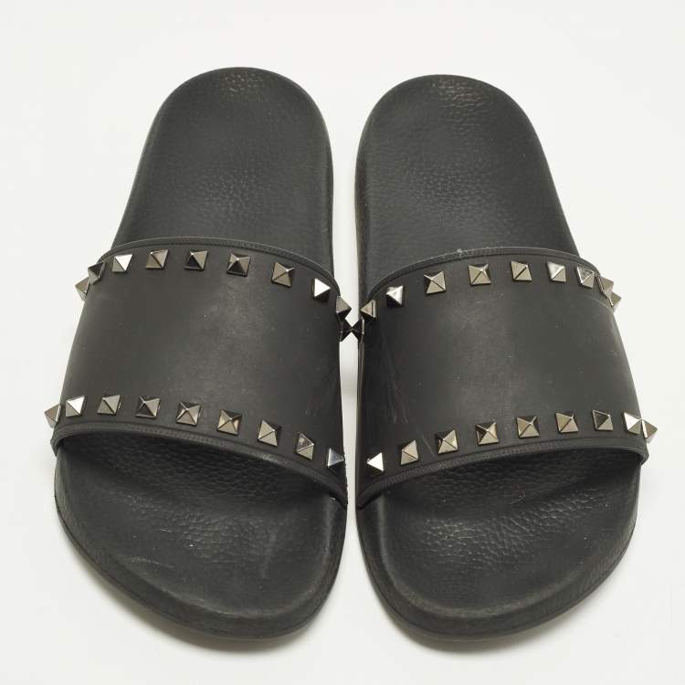 Pre Owned Valentino Rockstud Size 44 Black Rubber Pool Flat Slides 