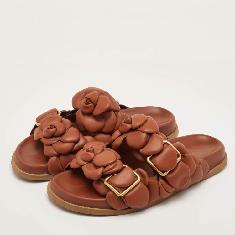 Pre Owned Valentino 03 Rose Edition Atelier Size 37 Brown Leather Flat Slide Sandals