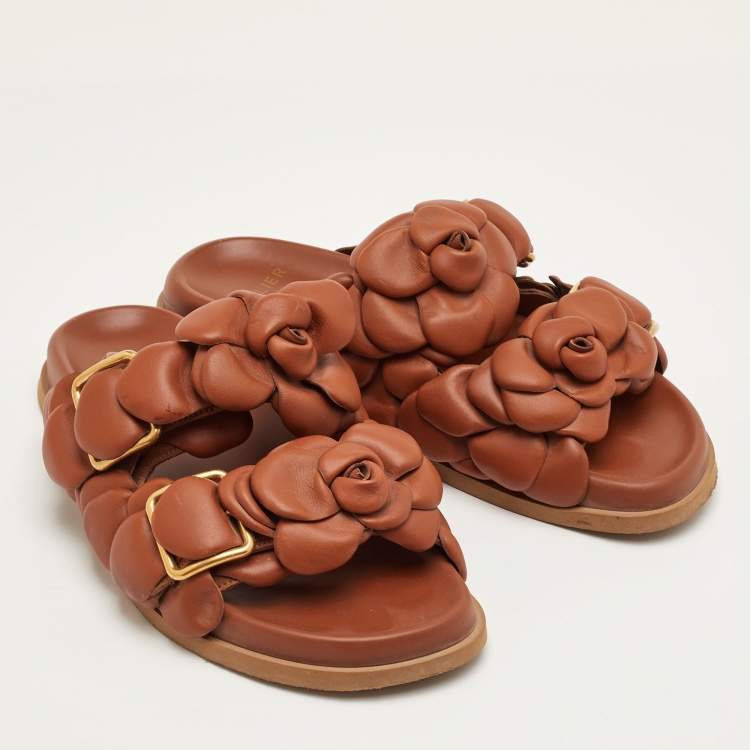 Pre Owned Valentino 03 Rose Edition Atelier Size 37 Brown Leather Flat Slide Sandals
