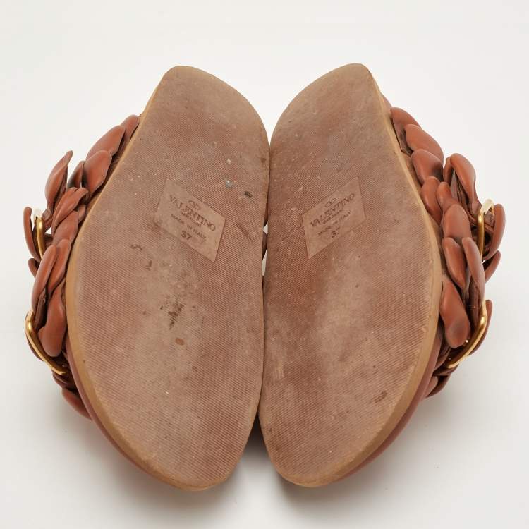 Pre Owned Valentino 03 Rose Edition Atelier Size 37 Brown Leather Flat Slide Sandals