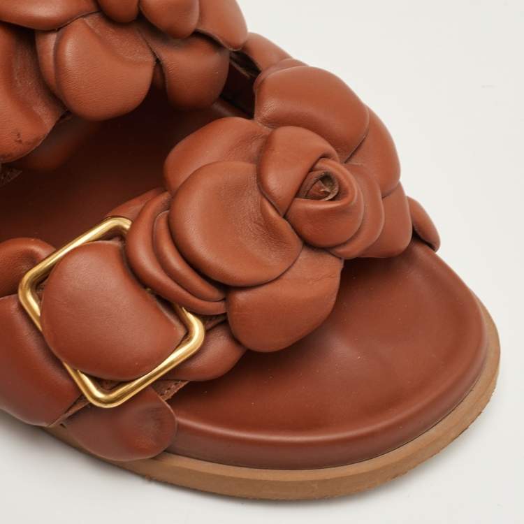 Pre Owned Valentino 03 Rose Edition Atelier Size 37 Brown Leather Flat Slide Sandals
