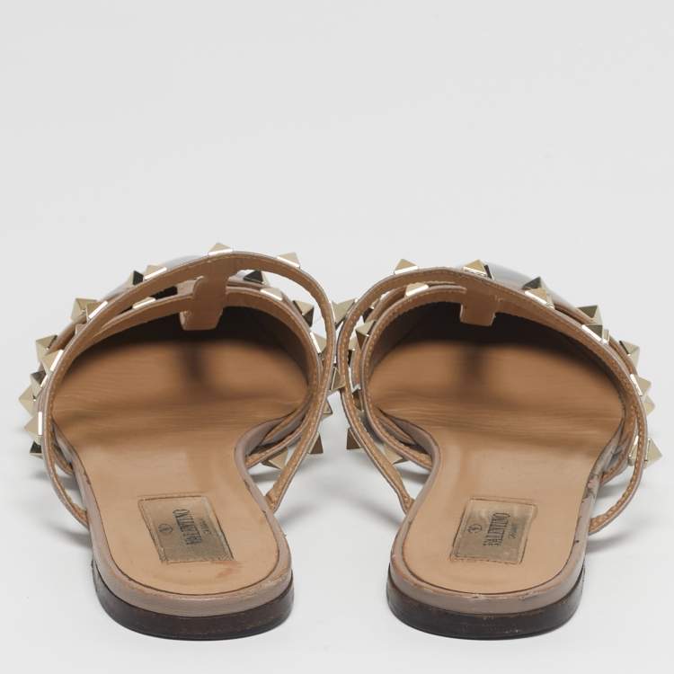 Pre Owned Valentino Rockstud Size 38.5 Burgundy Patent and Leather Flat Mules