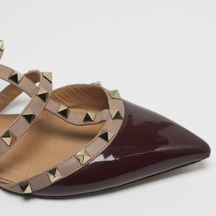 Pre Owned Valentino Rockstud Size 38.5 Burgundy Patent and Leather Flat Mules