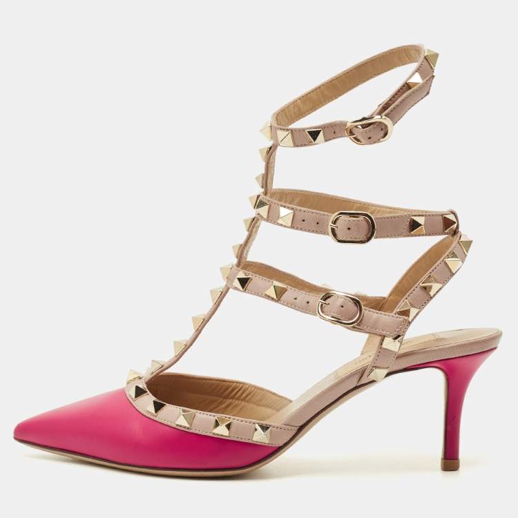 Pre Owned Valentino Rockstud Size 36 Burgundy/Beige Leather Ankle Strap Pumps