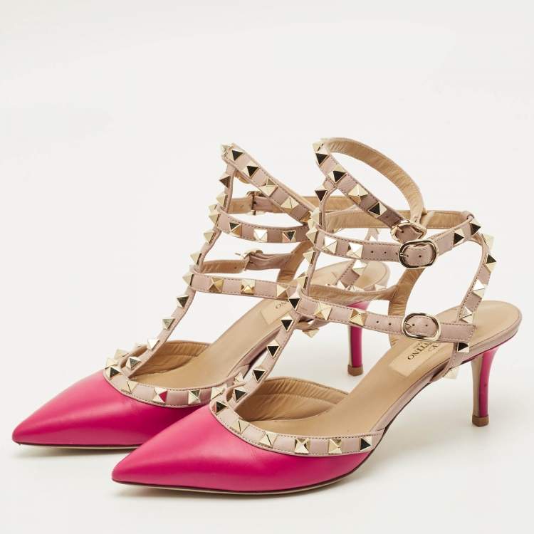 Pre Owned Valentino Rockstud Size 36 Burgundy/Beige Leather Ankle Strap Pumps