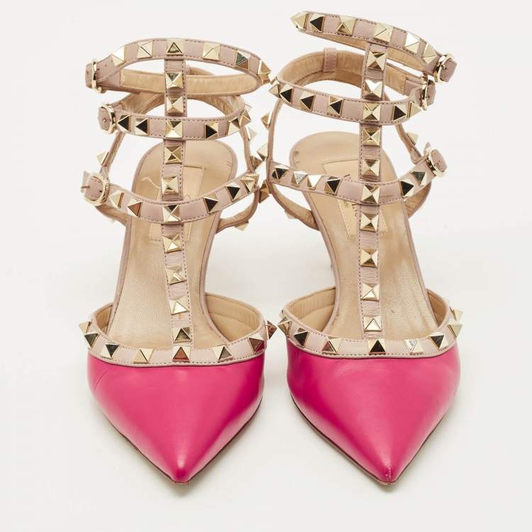 Pre Owned Valentino Rockstud Size 36 Burgundy/Beige Leather Ankle Strap Pumps