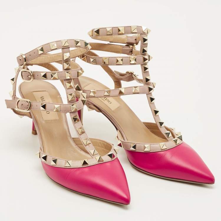 Pre Owned Valentino Rockstud Size 36 Burgundy/Beige Leather Ankle Strap Pumps