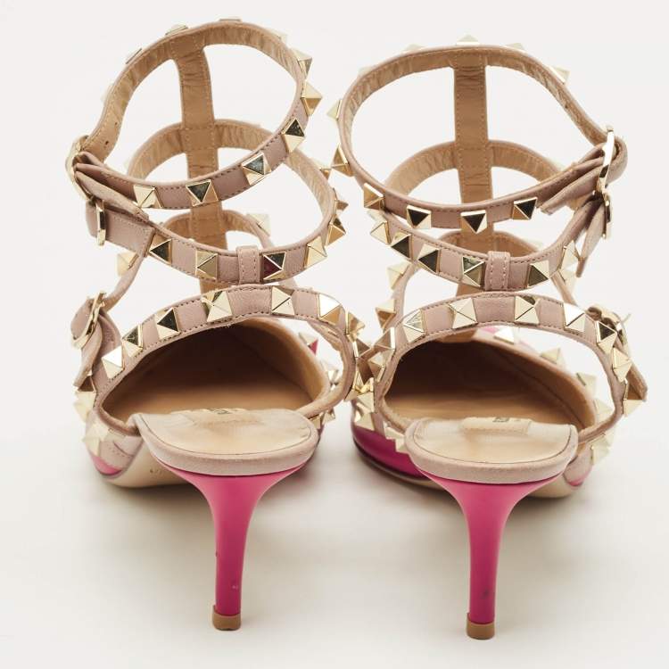 Pre Owned Valentino Rockstud Size 36 Burgundy/Beige Leather Ankle Strap Pumps