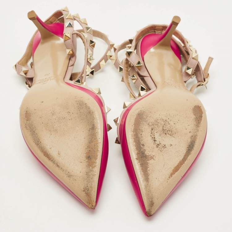 Pre Owned Valentino Rockstud Size 36 Burgundy/Beige Leather Ankle Strap Pumps